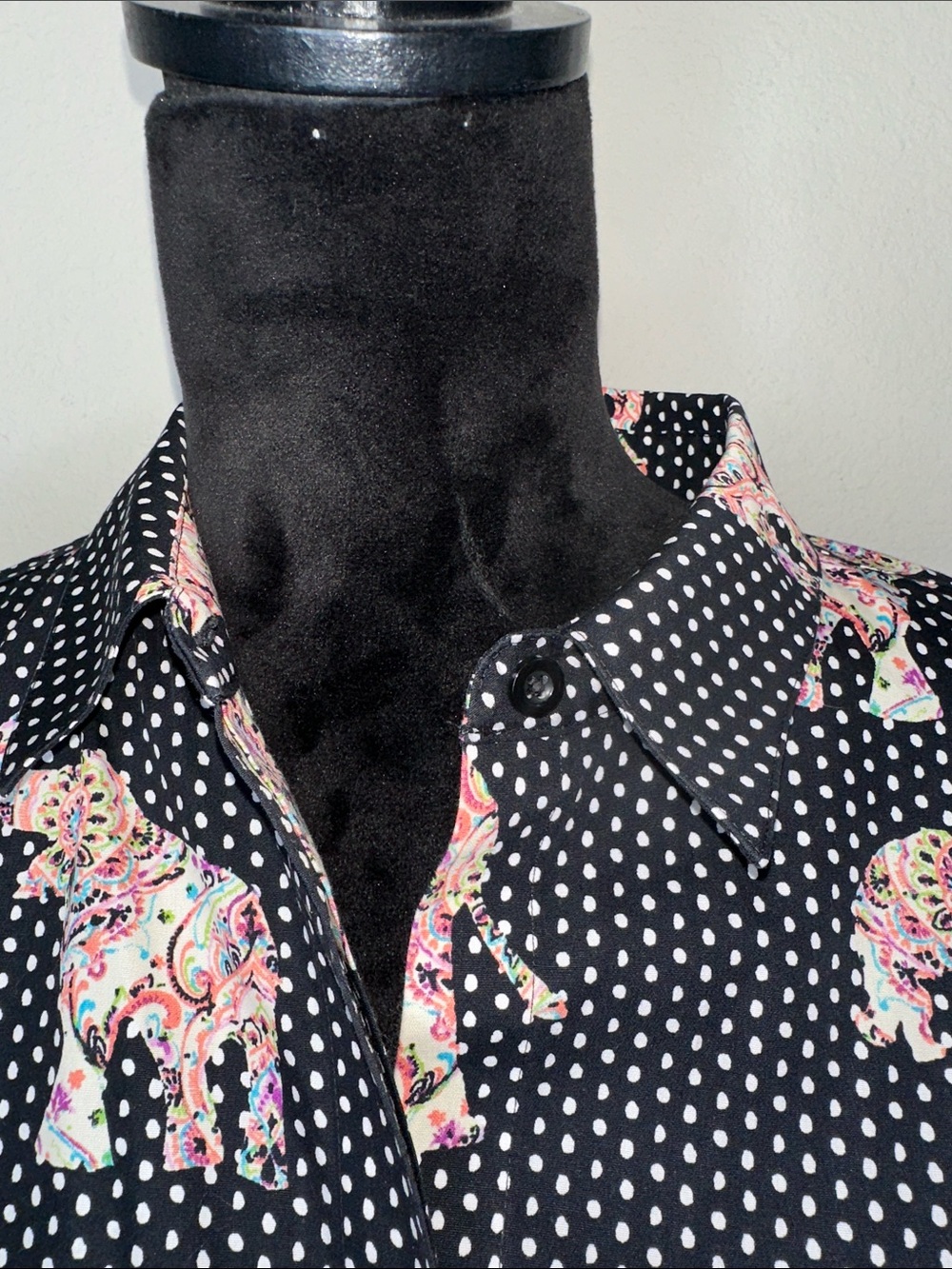 Chico's Black Polka Dot Button-Down with Multicolor Paisley Elephants - Picture 3 of 10